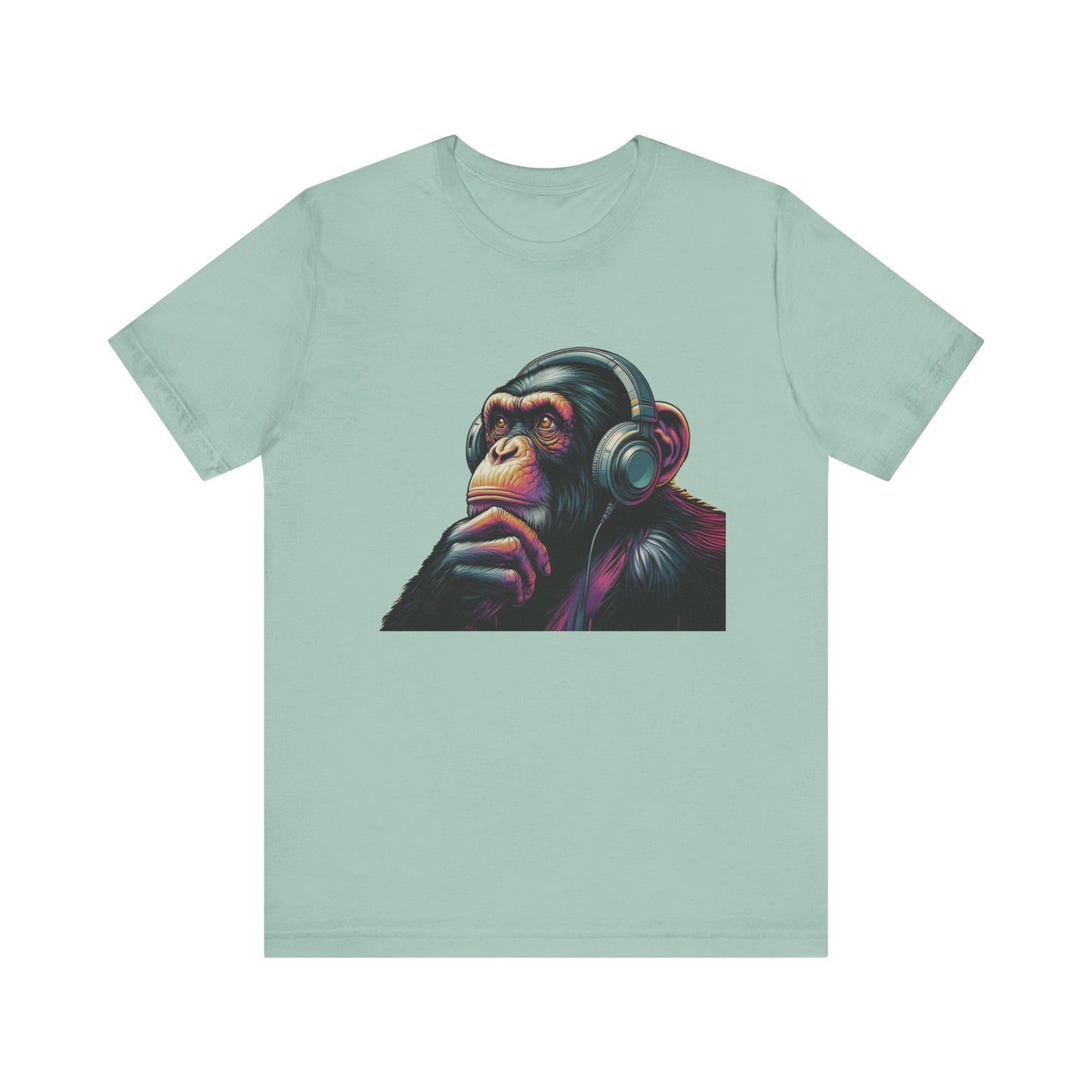 Colorful chimpanzee wearing headphones graphic tee, perfect for music lovers - PopCultureByDesign36