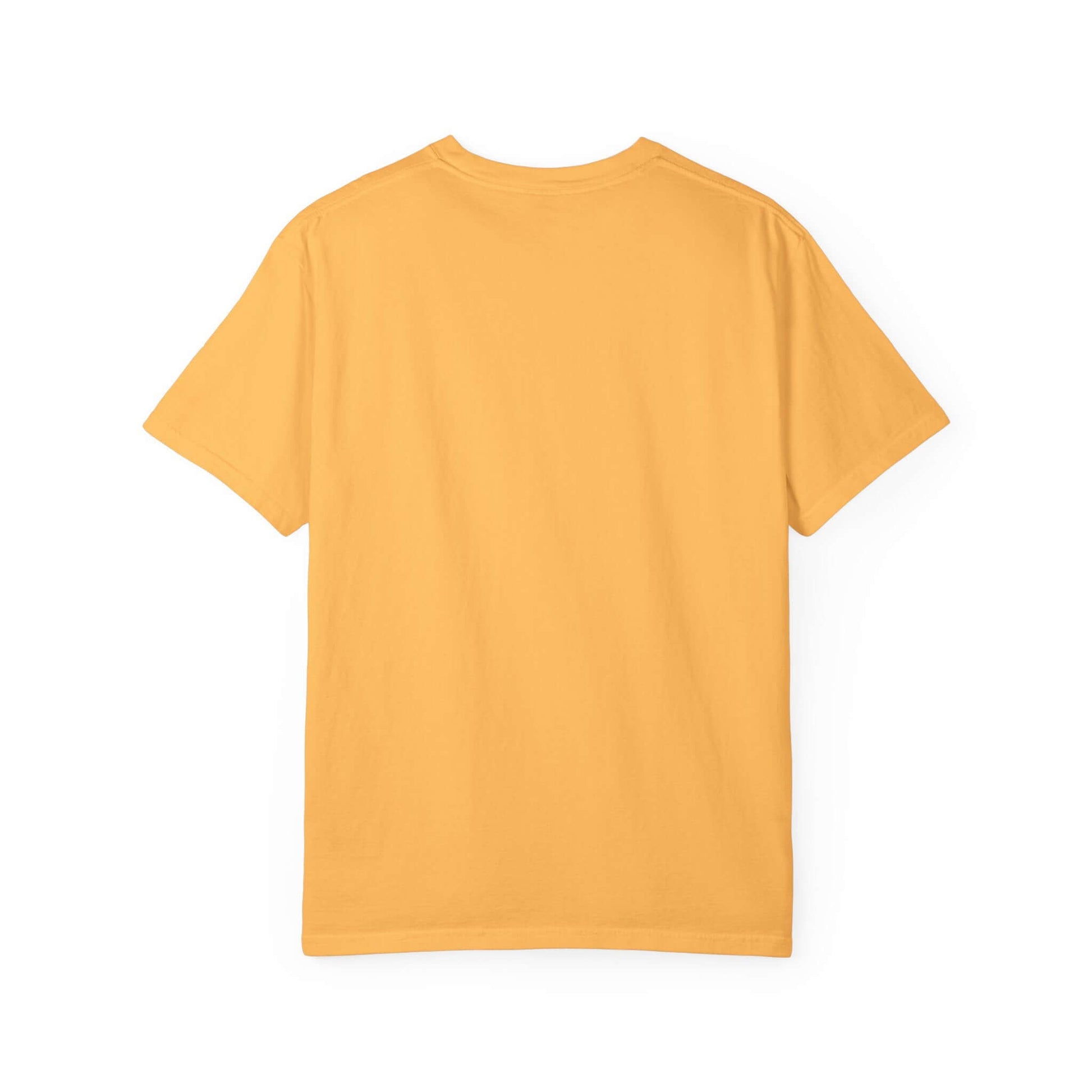Back view of Boho Poem Fall Leaves T-shirt, Fall Shirt, Unisex Fall Top in a vibrant yellow color.