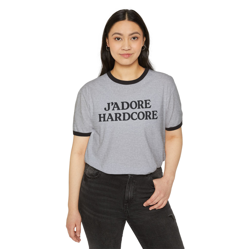 J'Adore Hardcore Ringer T-Shirt — Bold French-Inspired Statement Tee by PopCultureByDesign36