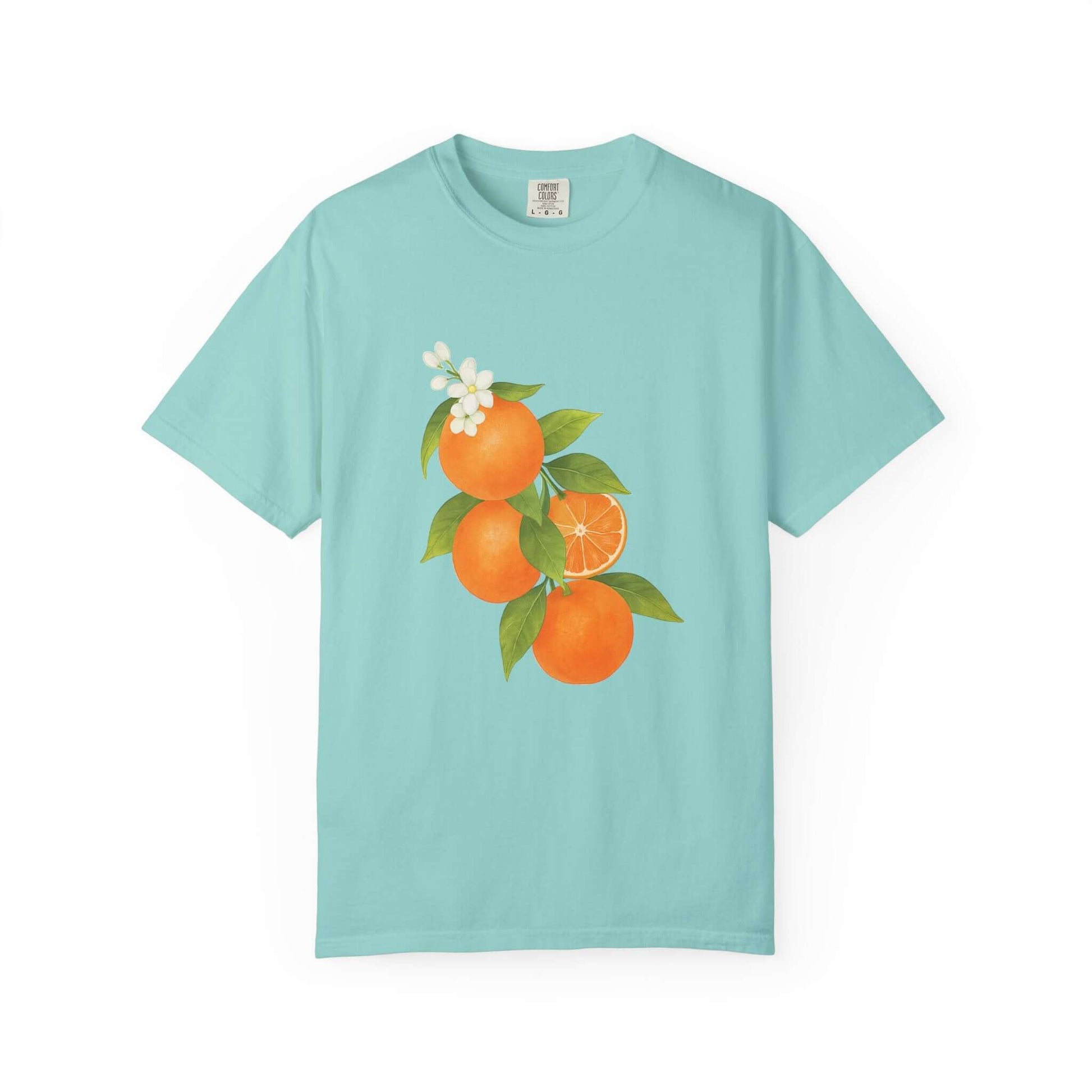 Vintage Orange Shirt, Art Graphic Fruit Shirt with a pastel drawing of oranges on a turquoise background.