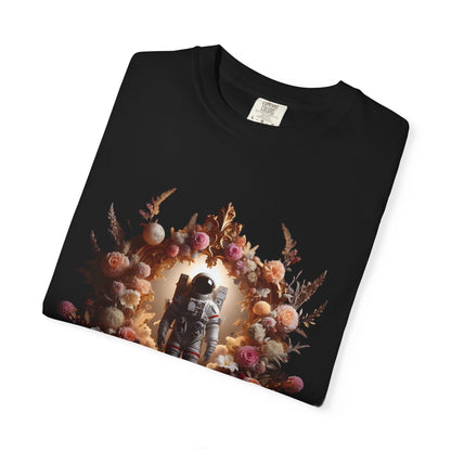 boho astronaut t-shirt featuring an astronaut surrounded by a floral wreath on a black tee.