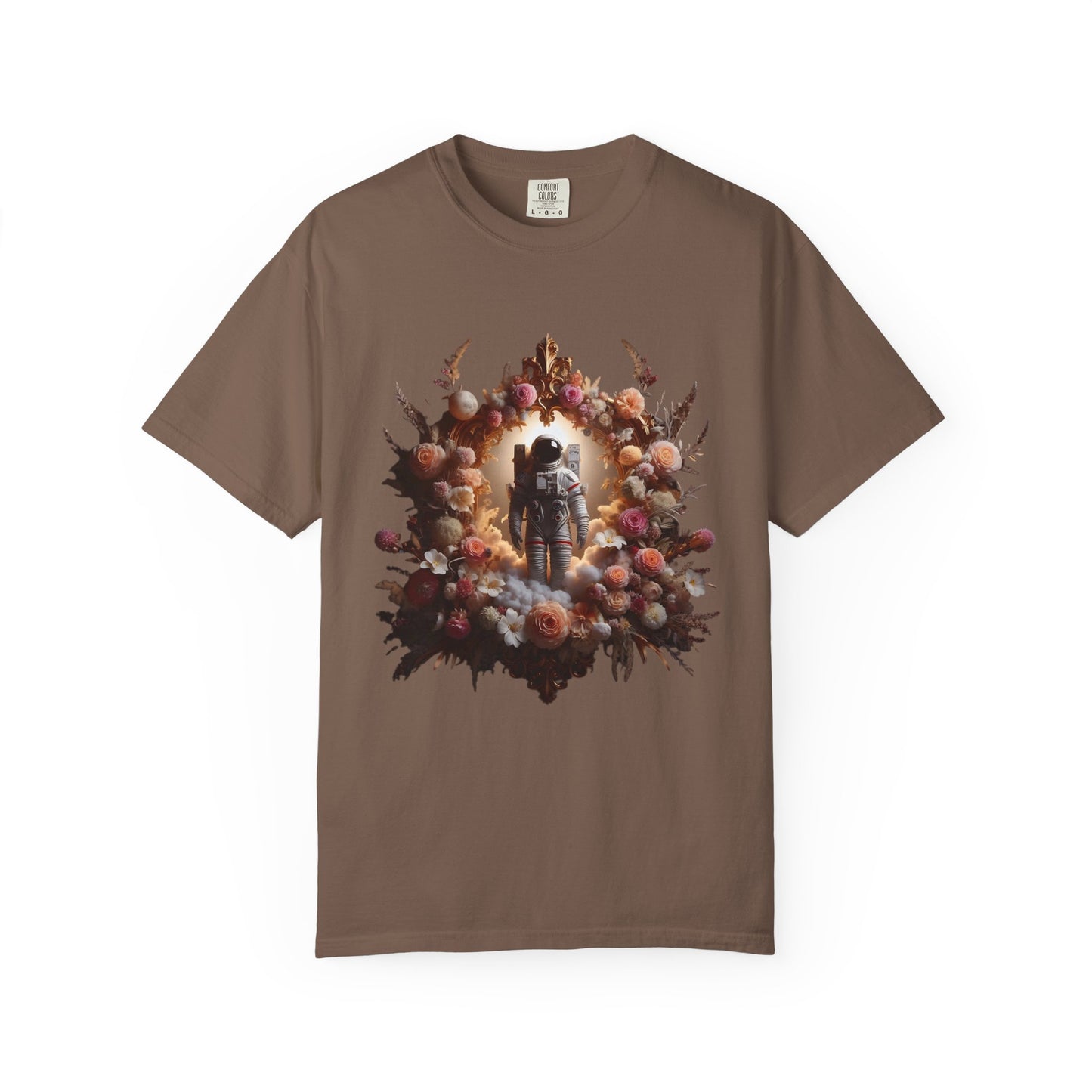 boho astronaut t-shirt featuring a vintage astronaut design surrounded by flowers and celestial elements.