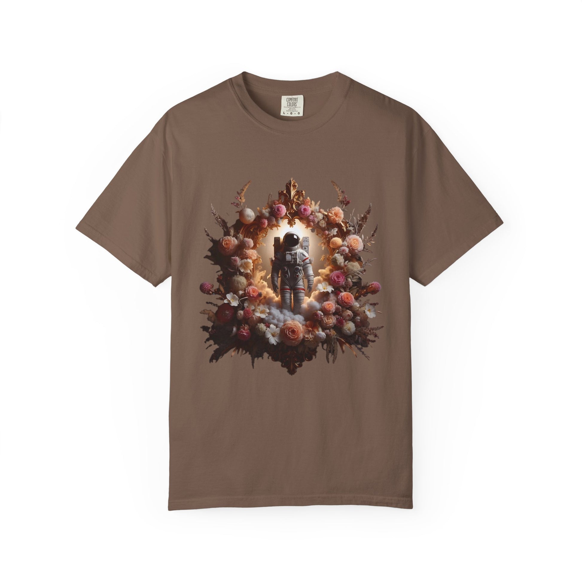 boho astronaut t-shirt featuring a vintage astronaut design surrounded by flowers and celestial elements.