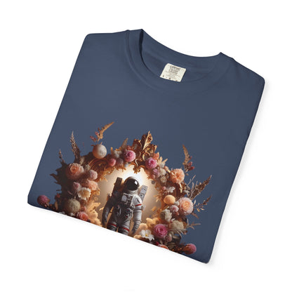boho astronaut t-shirt featuring an astronaut surrounded by colorful flowers and celestial elements
