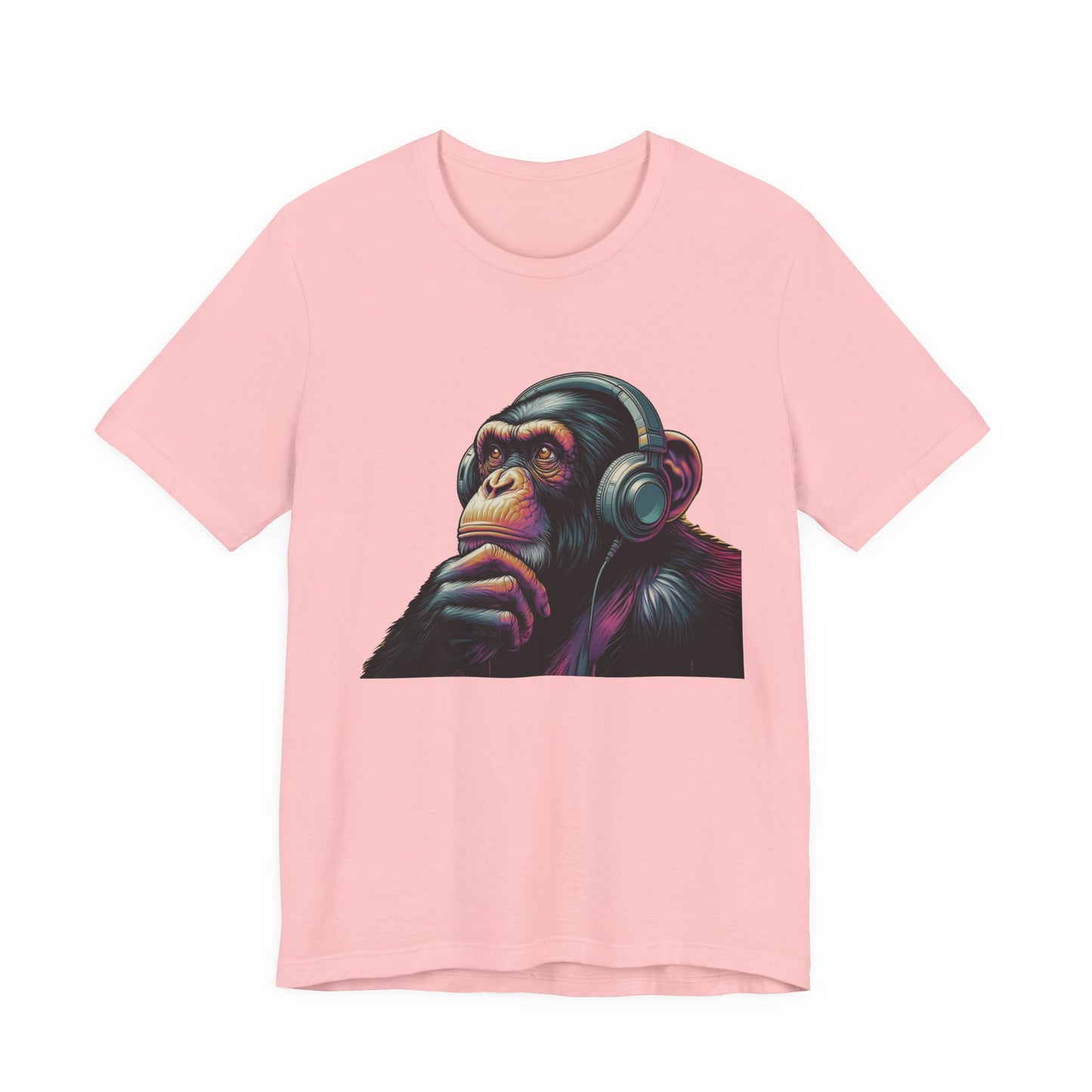 Colorful chimpanzee wearing headphones graphic tee, perfect for music lovers - PopCultureByDesign36