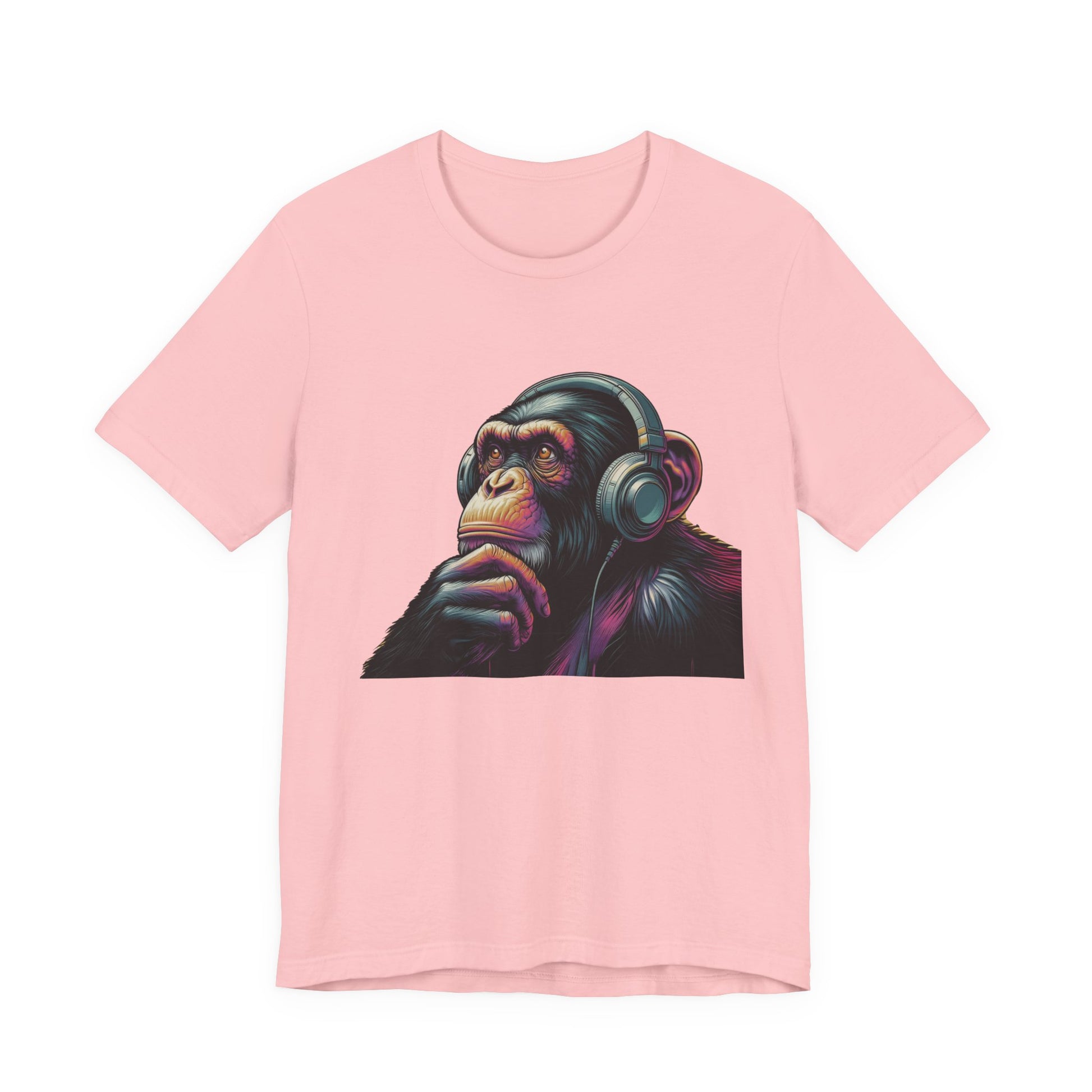 Colorful chimpanzee wearing headphones graphic tee, perfect for music lovers - PopCultureByDesign36