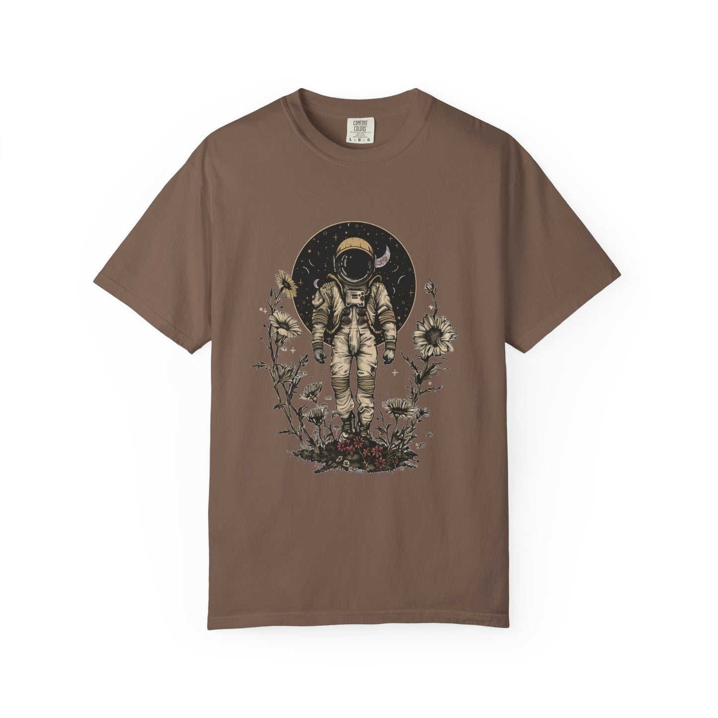 Astronaut Shirt, Boho Astronaut Shirt, Vintage Boho Womens Space Shirt with floral design on a brown t-shirt.