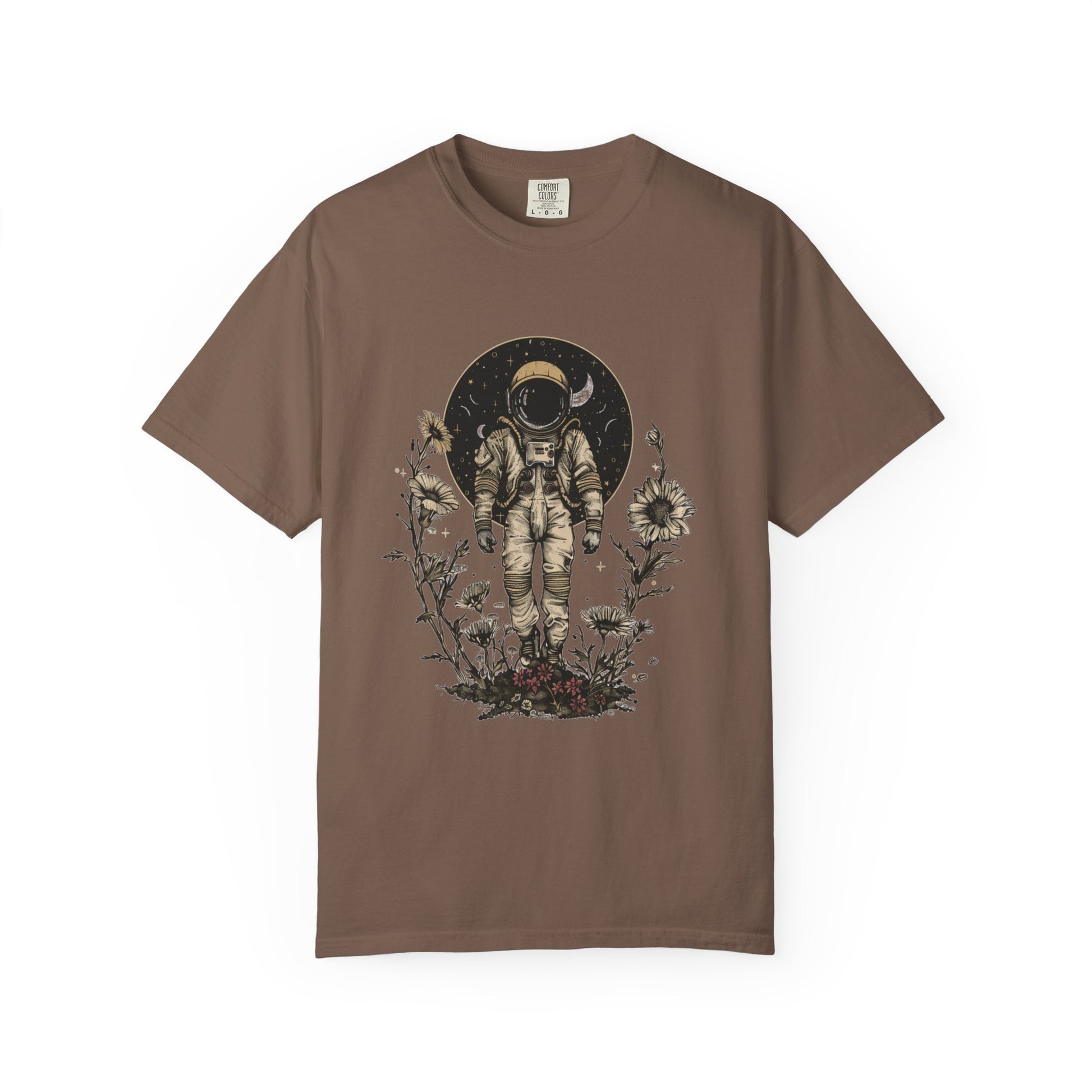 Astronaut Shirt, Boho Astronaut Shirt, Vintage Boho Womens Space Shirt with floral design on a brown t-shirt.