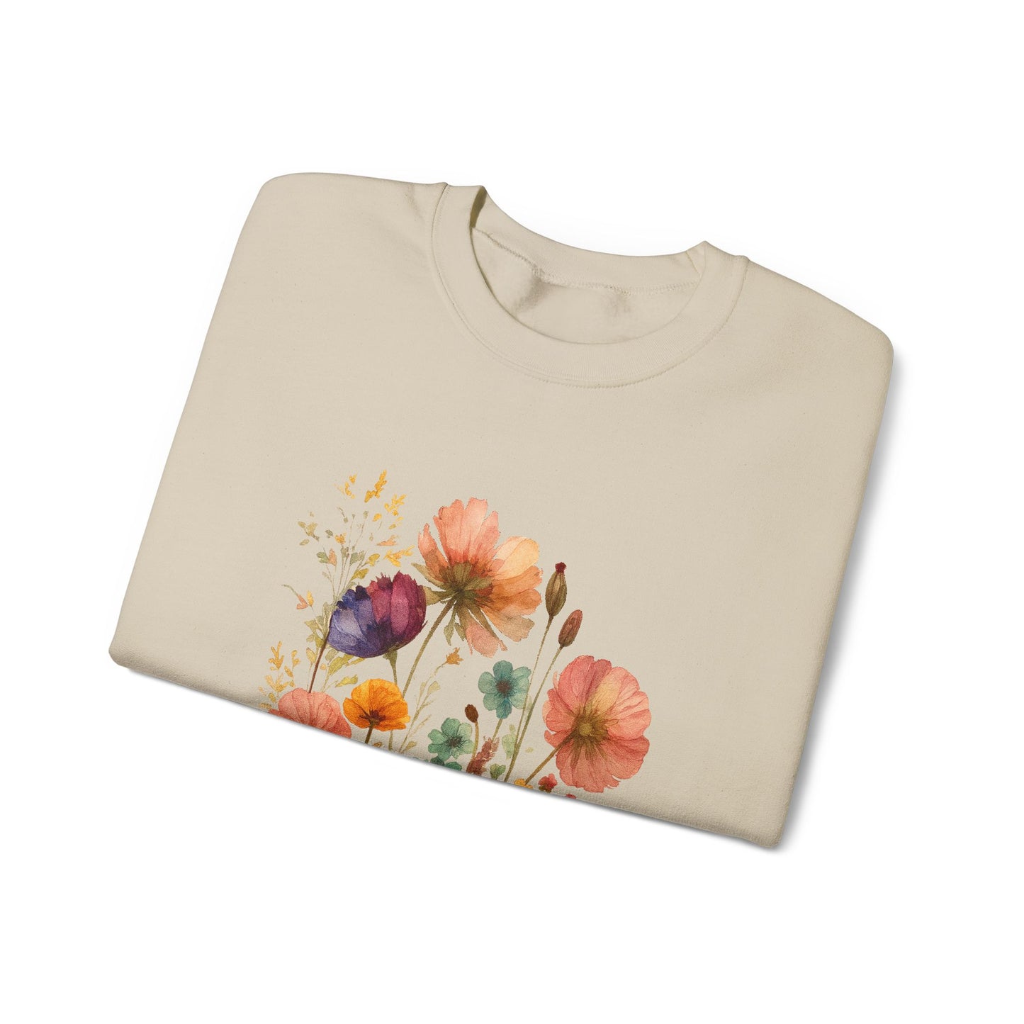 Vintage Boho Pressed Watercolor Wildflower Sweatshirt — Rustic Floral Cottagecore Pullover