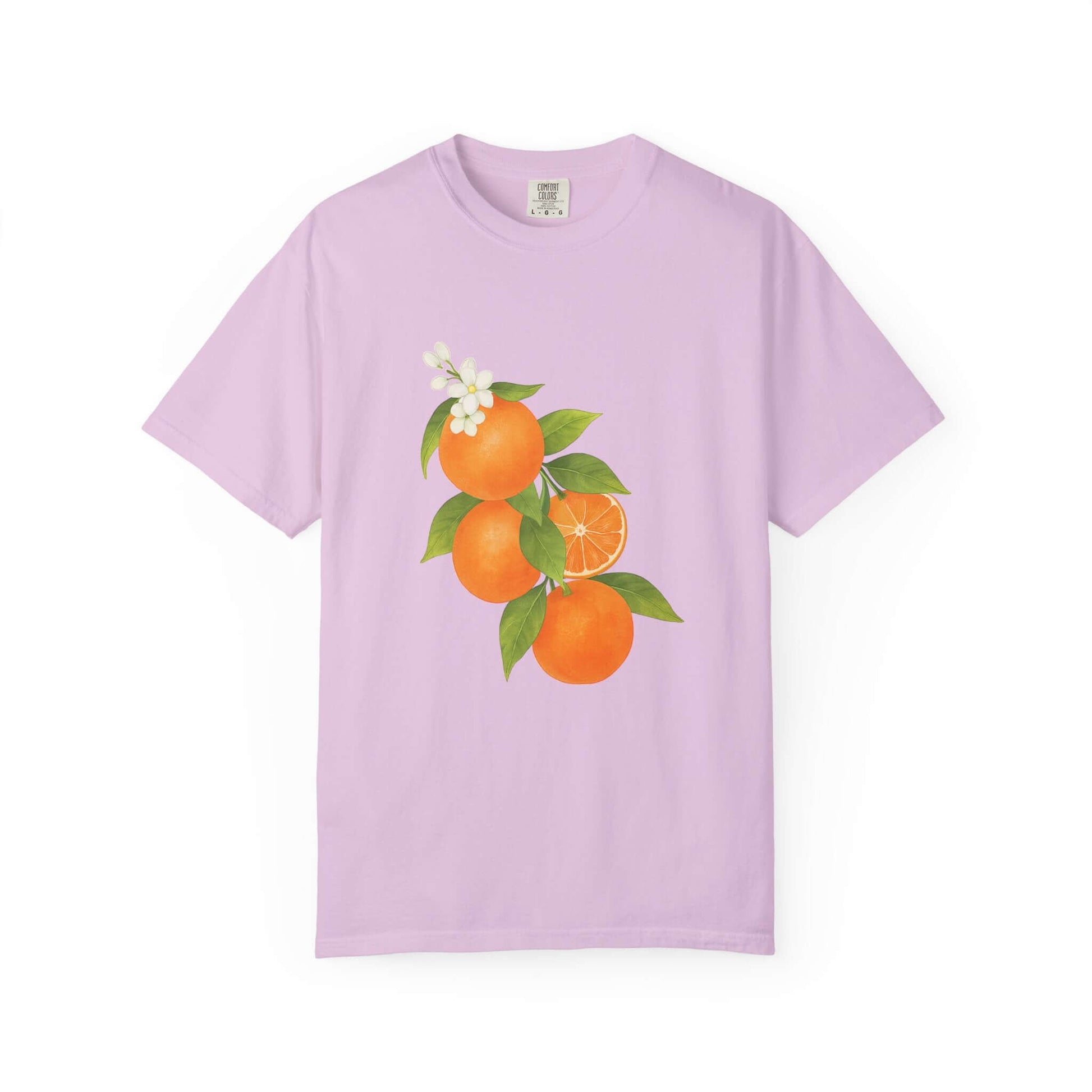 Vintage Orange Shirt, Art Graphic Fruit Shirt featuring a pastel design of oranges on a lilac background.