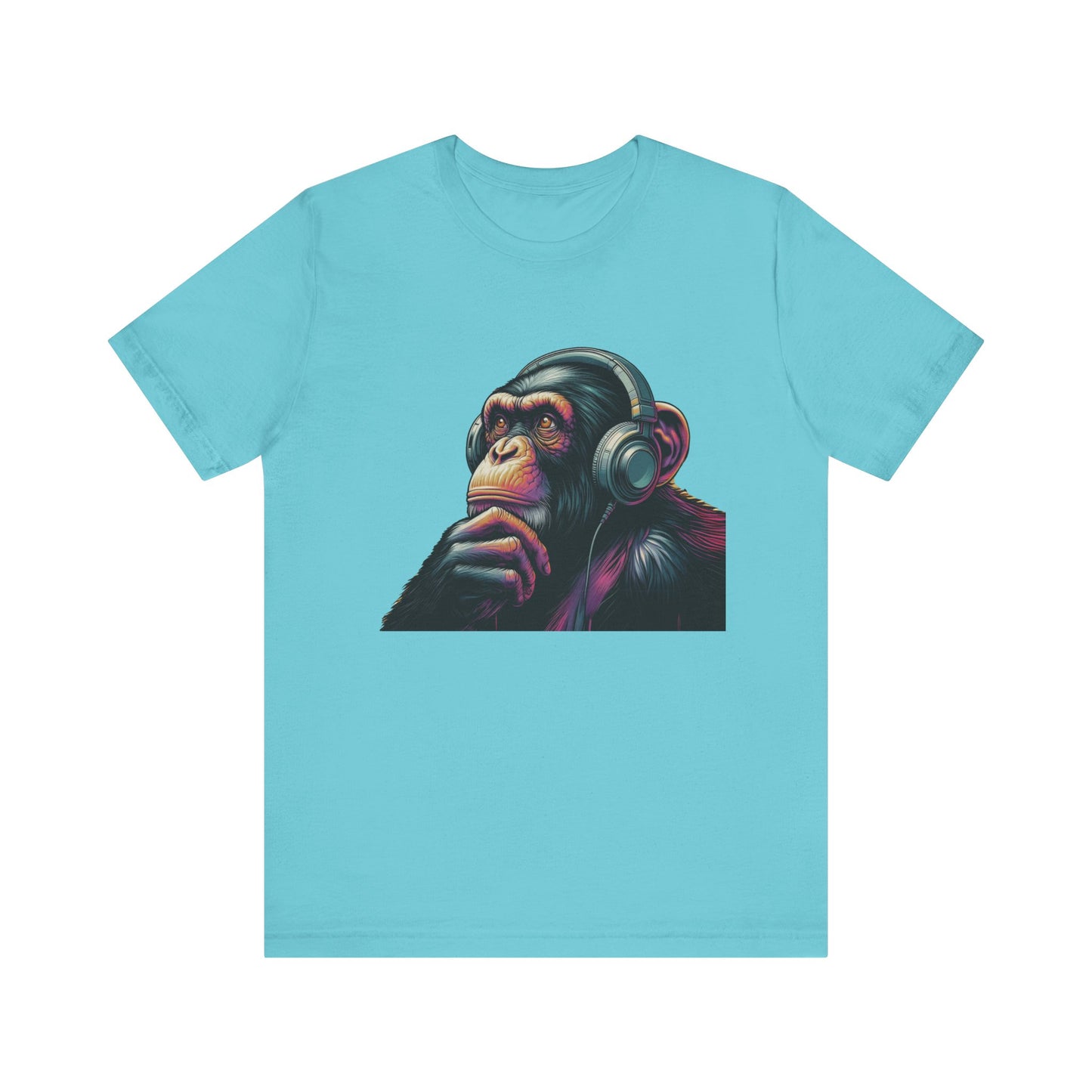 Colorful chimpanzee wearing headphones graphic tee, perfect for music lovers - PopCultureByDesign36