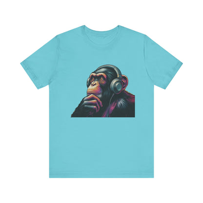 Colorful chimpanzee wearing headphones graphic tee, perfect for music lovers - PopCultureByDesign36