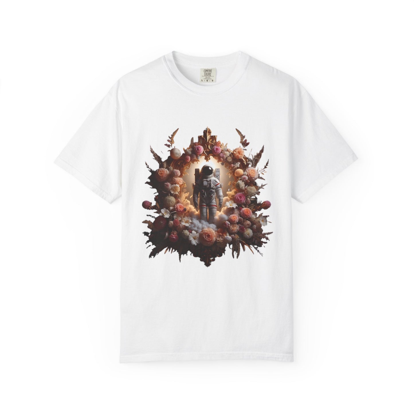 boho astronaut t-shirt featuring an astronaut surrounded by vibrant floral designs on a white t-shirt.