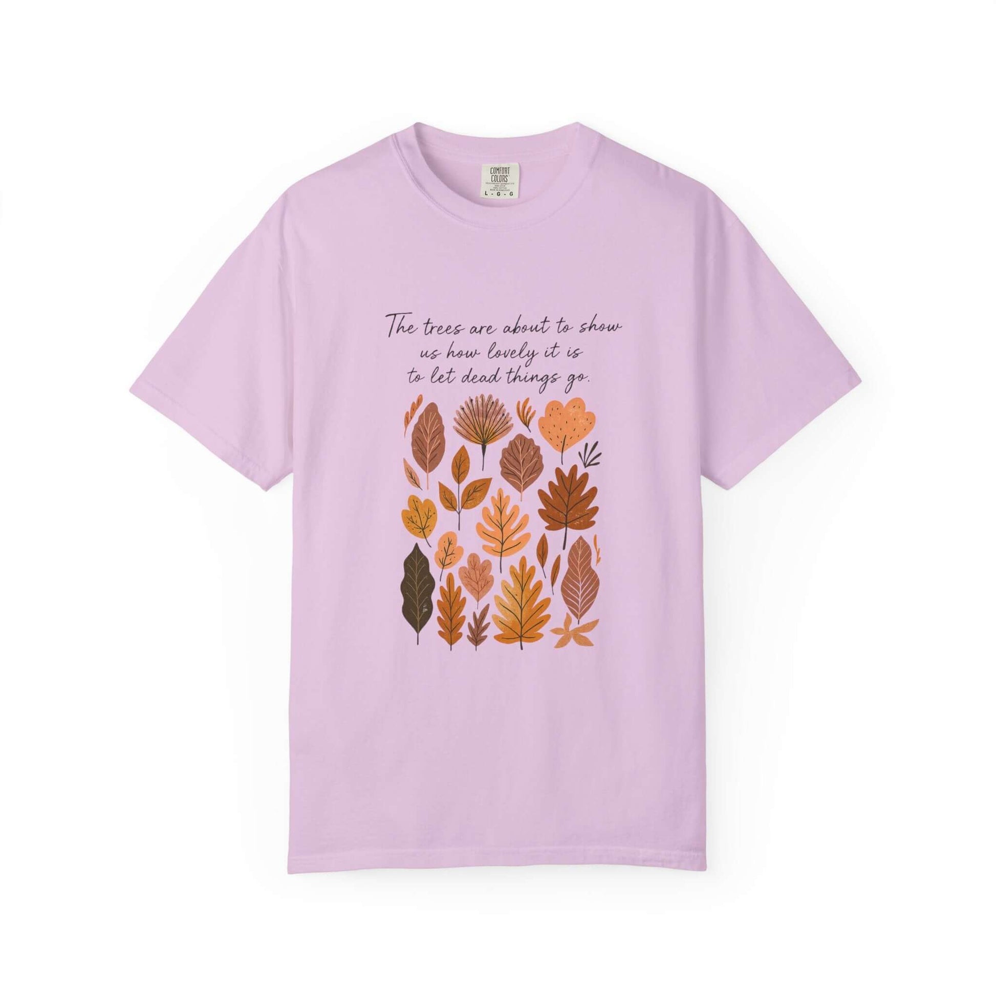 Boho Poem Fall Leaves T-shirt, Fall Shirt, Unisex Fall Top with colorful autumn leaf design on lavender fabric.