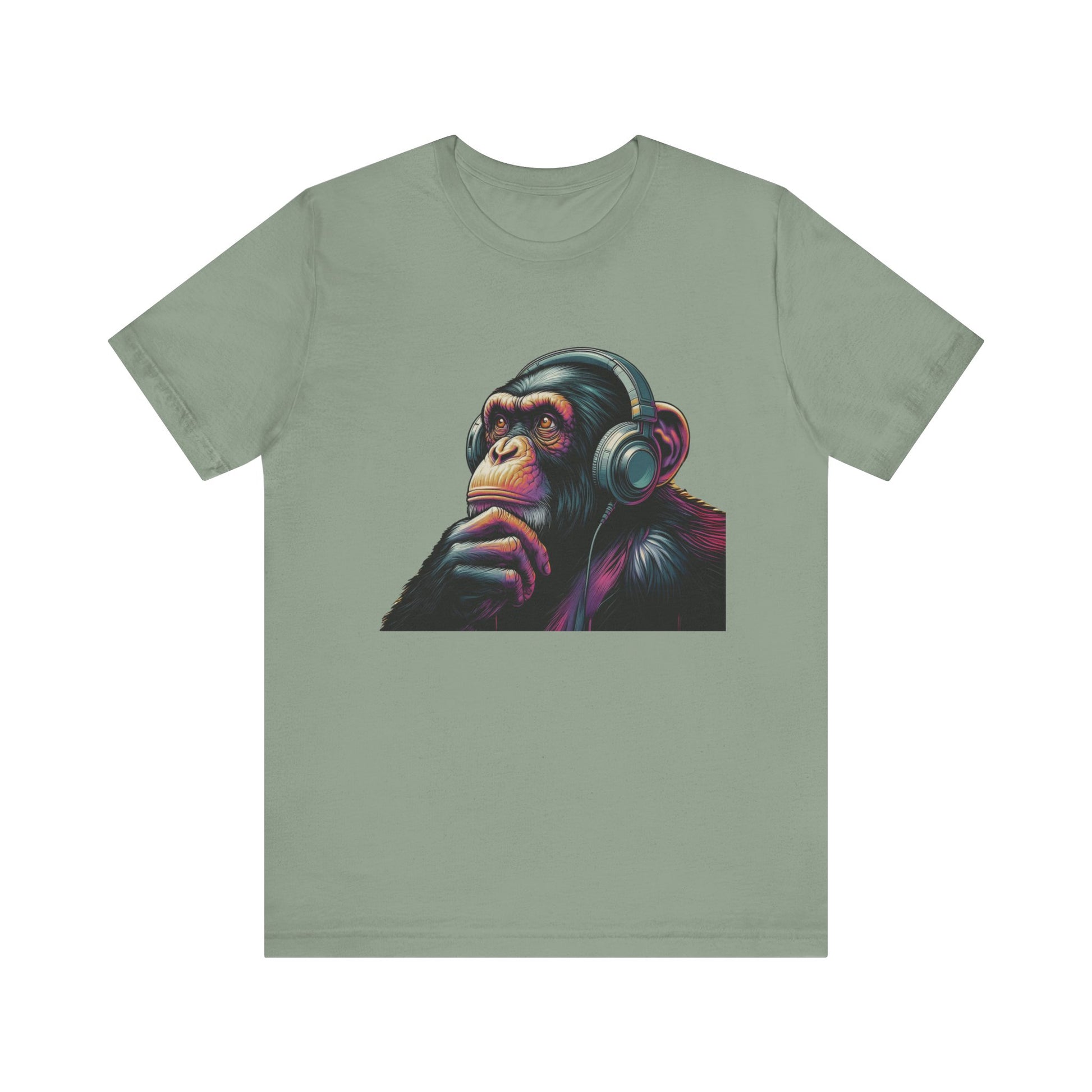 Colorful chimpanzee wearing headphones graphic tee, perfect for music lovers - PopCultureByDesign36