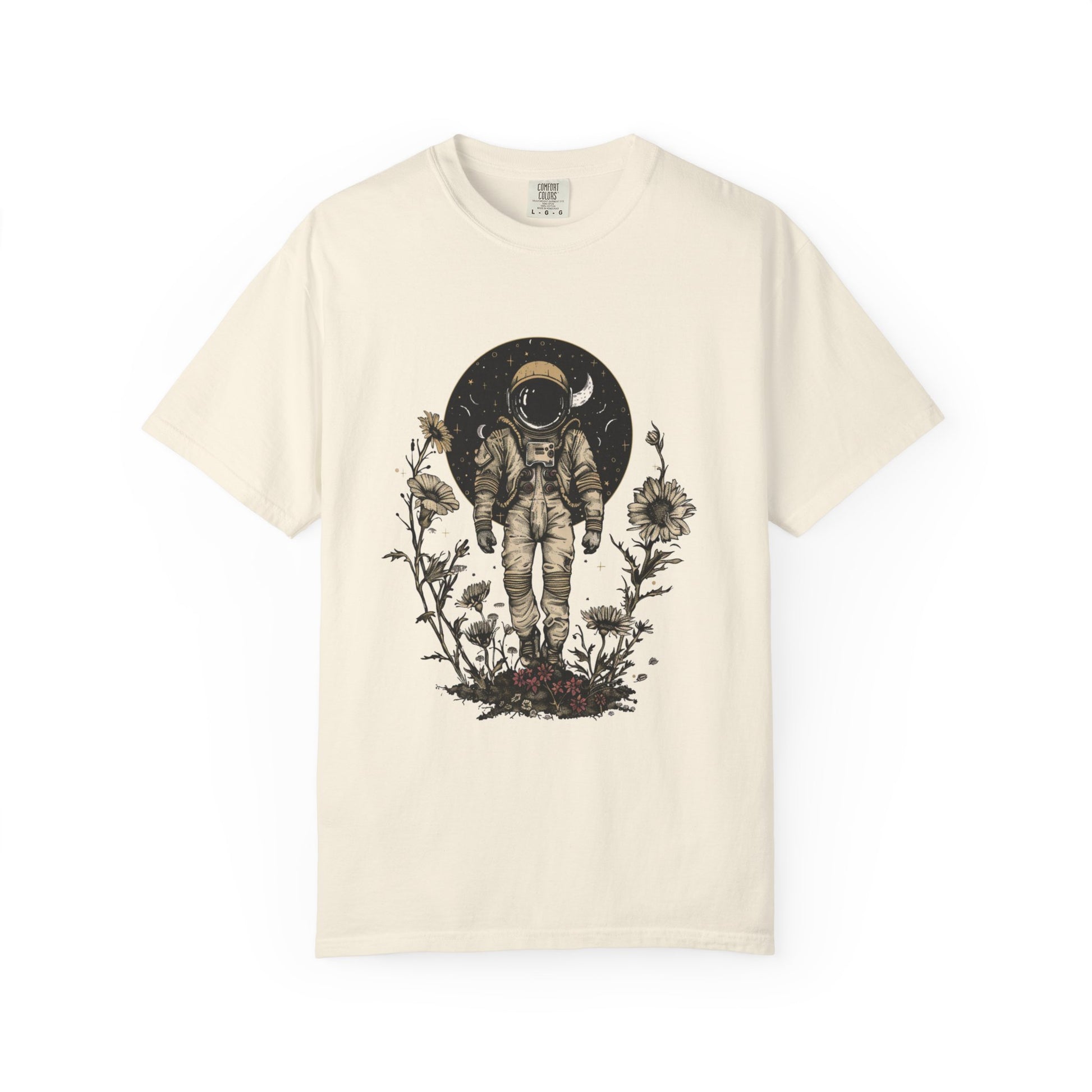 Astronaut Shirt, Boho Astronaut Shirt, Vintage Boho Womens Space Shirt with floral design and moon backdrop.