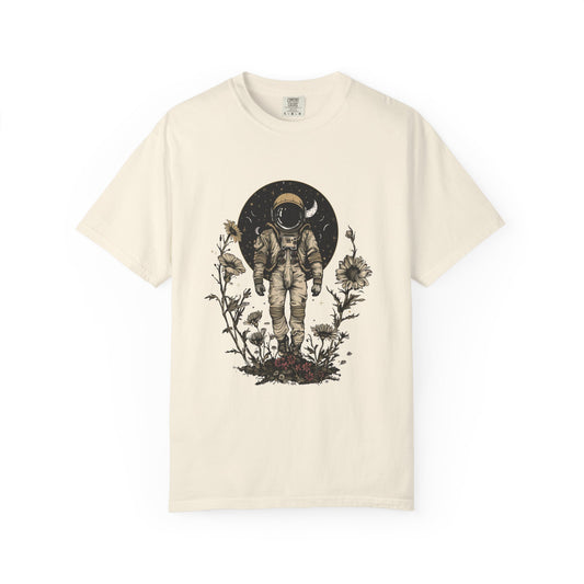 Astronaut Shirt, Boho Astronaut Shirt, Vintage Boho Womens Space Shirt with floral design and moon backdrop.
