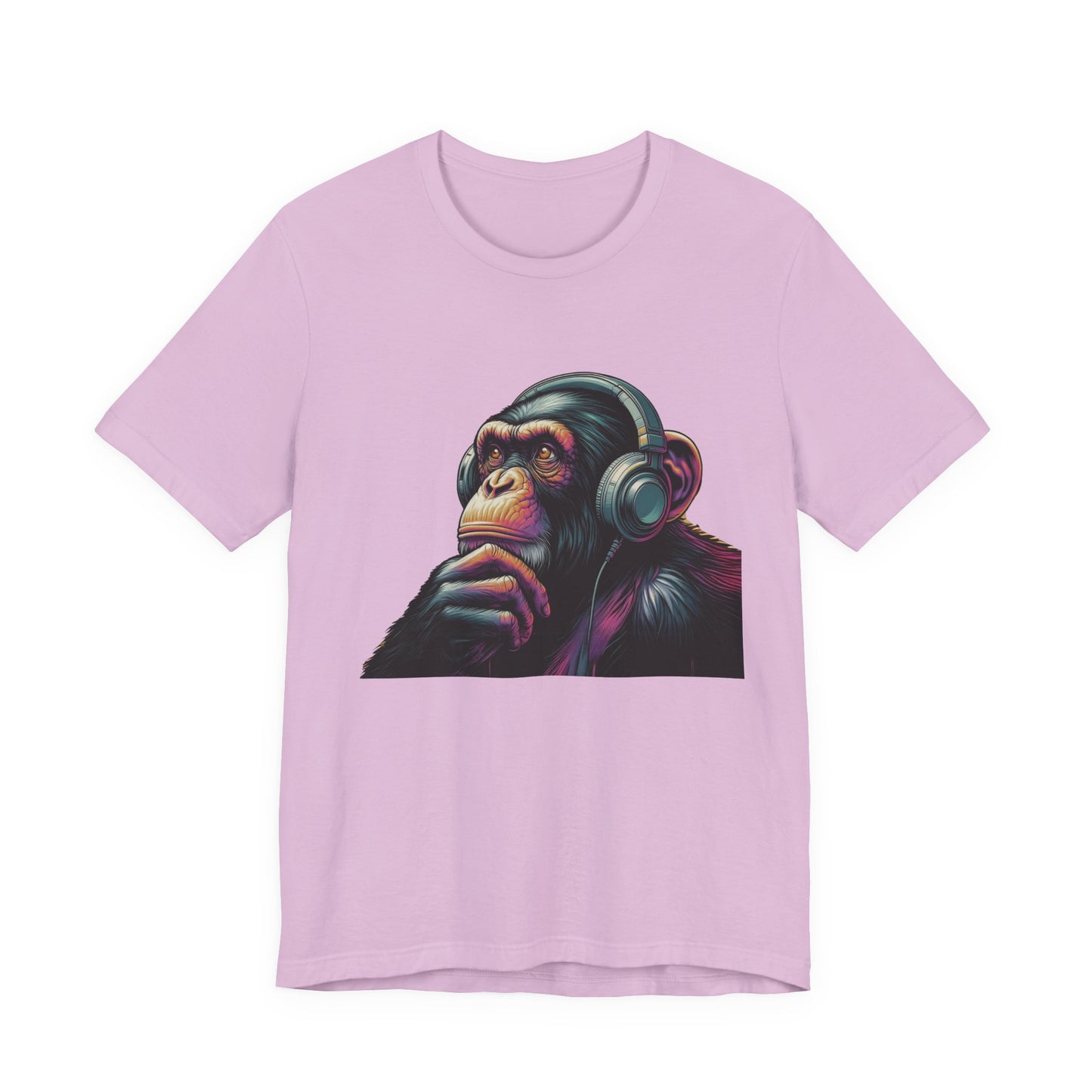 Colorful chimpanzee wearing headphones graphic tee, perfect for music lovers - PopCultureByDesign36