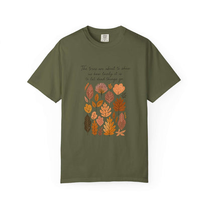 Boho Poem Fall Leaves T-shirt, Fall Shirt, Unisex Fall Top featuring autumn leaf design on olive green background.
