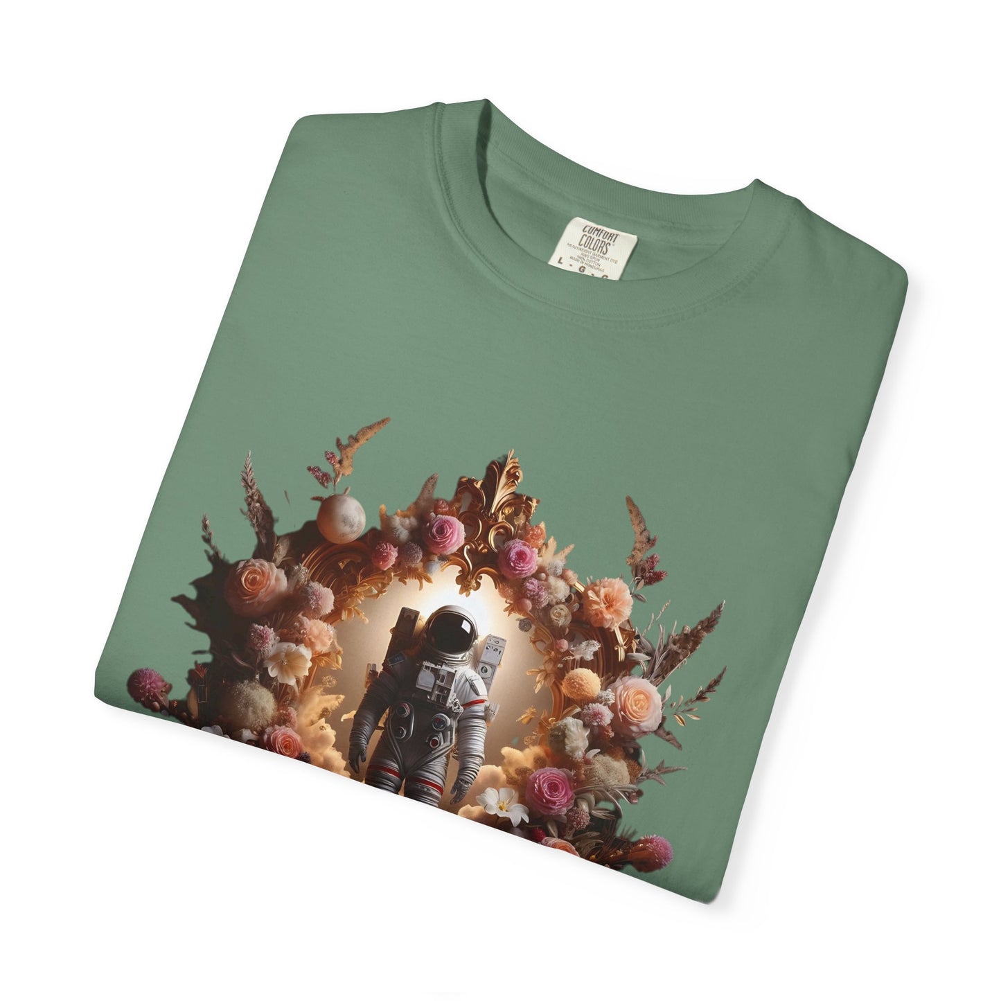 boho astronaut t-shirt featuring a floral design with an astronaut in a vintage boho style.