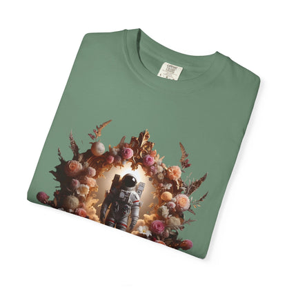 boho astronaut t-shirt featuring a floral design with an astronaut in a vintage boho style.
