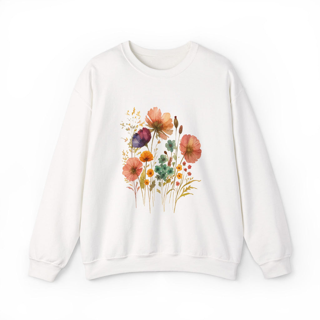Vintage Boho Pressed Watercolor Wildflower Sweatshirt — Rustic Floral Cottagecore Pullover by PopCultureByDesign36