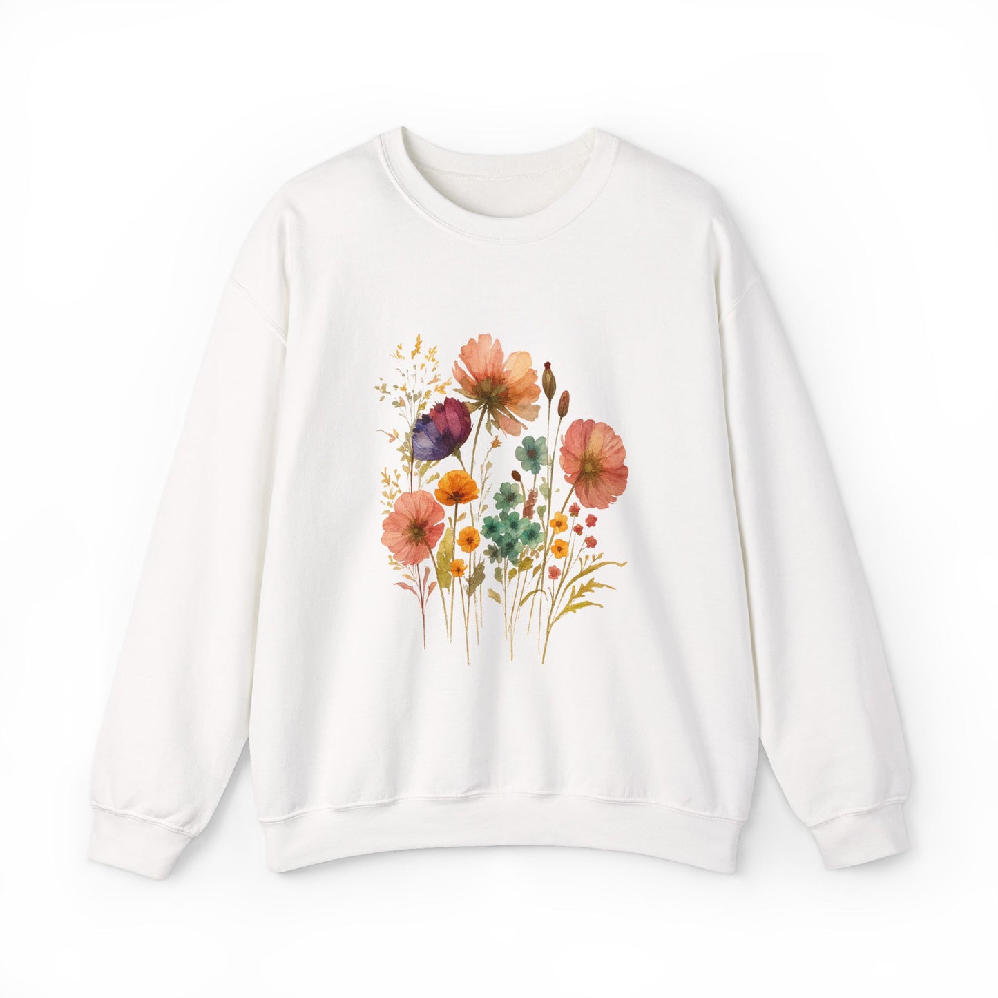Vintage Boho Pressed Watercolor Wildflower Sweatshirt — Rustic Floral Cottagecore Pullover