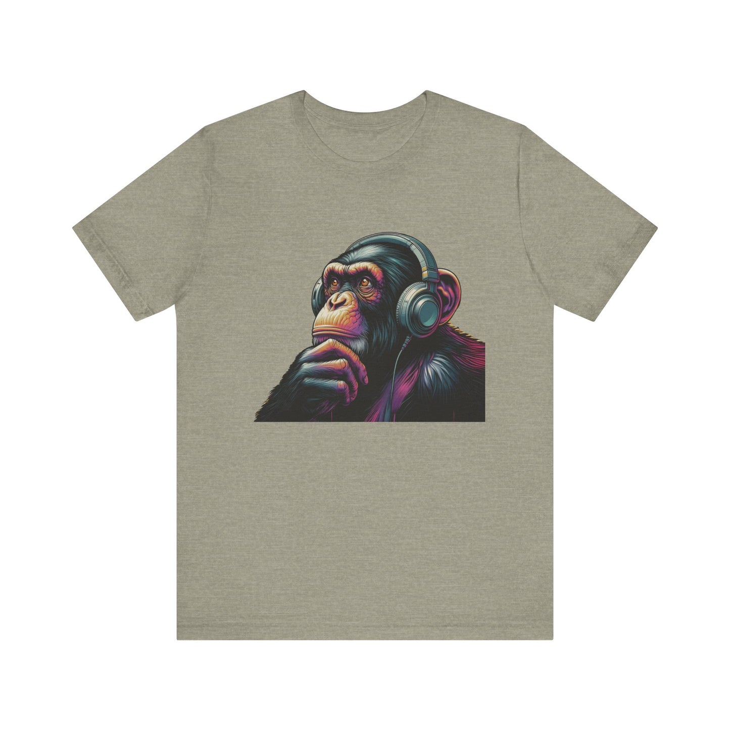 Colorful chimpanzee wearing headphones graphic tee, perfect for music lovers - PopCultureByDesign36