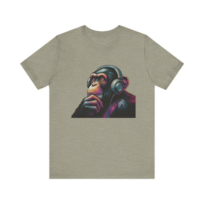 Colorful chimpanzee wearing headphones graphic tee, perfect for music lovers - PopCultureByDesign36