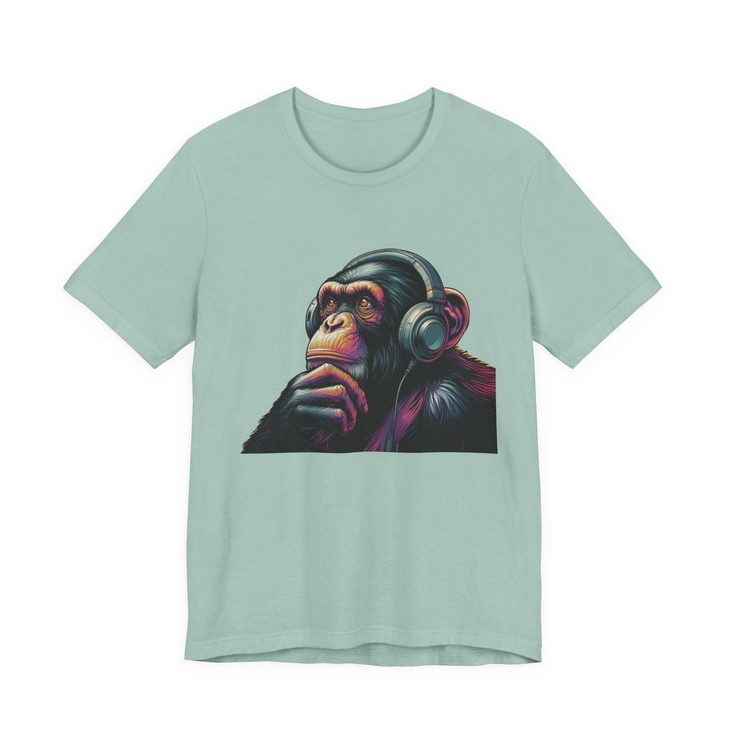 Colorful chimpanzee wearing headphones graphic tee, perfect for music lovers - PopCultureByDesign36
