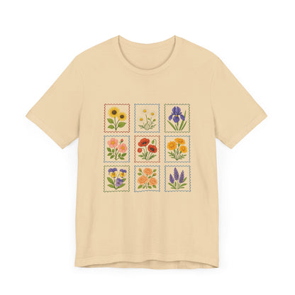 Summer Flower Stamp Tshirt, Vintage Postage Stamp Shirt, Aesthetic Summer Tee - PopCultureByDesign36