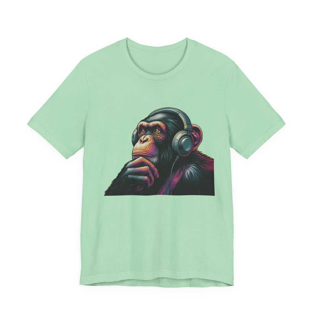 Colorful chimpanzee wearing headphones graphic tee by PopCultureByDesign36