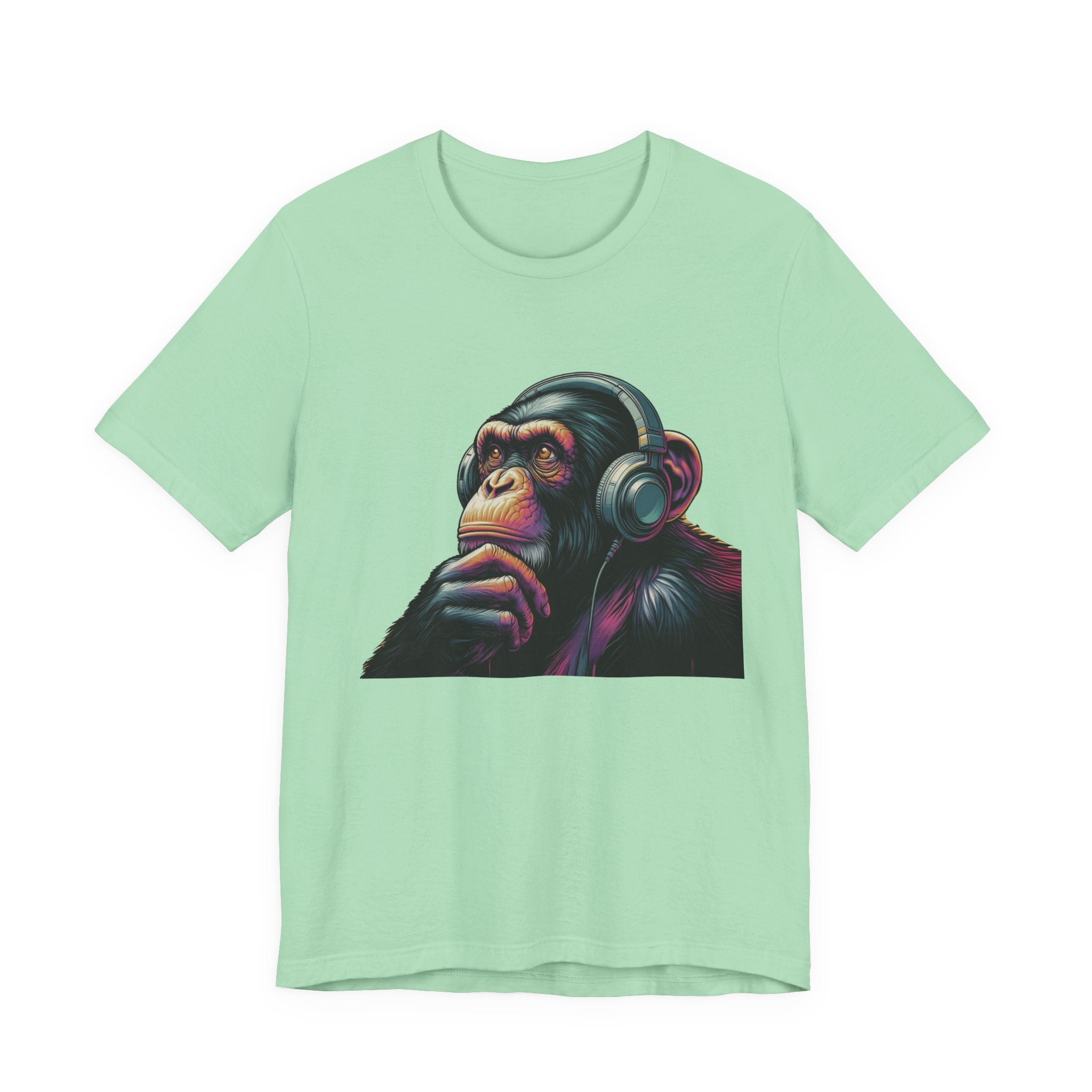 Colorful chimpanzee wearing headphones graphic tee by PopCultureByDesign36