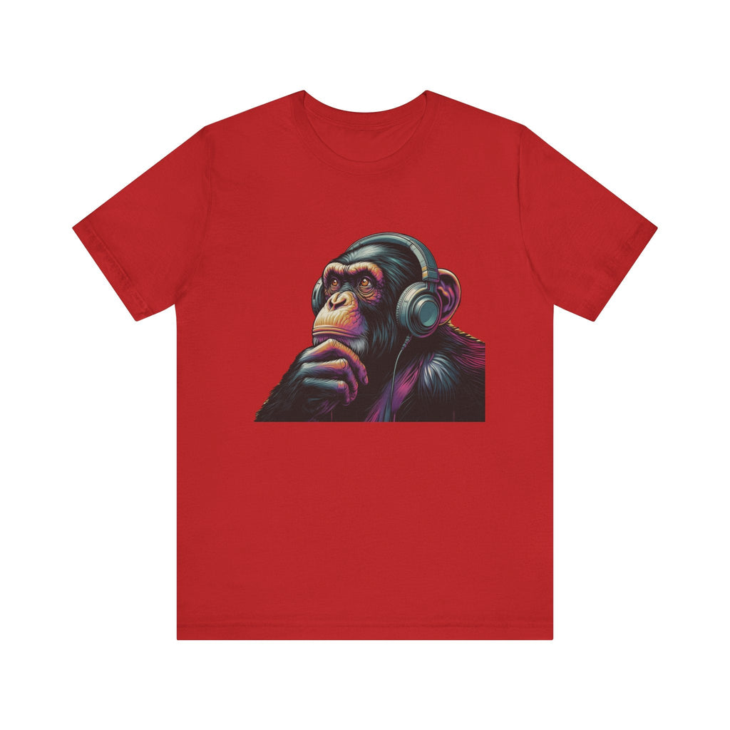 Colorful chimpanzee wearing headphones graphic tee by PopCultureByDesign36