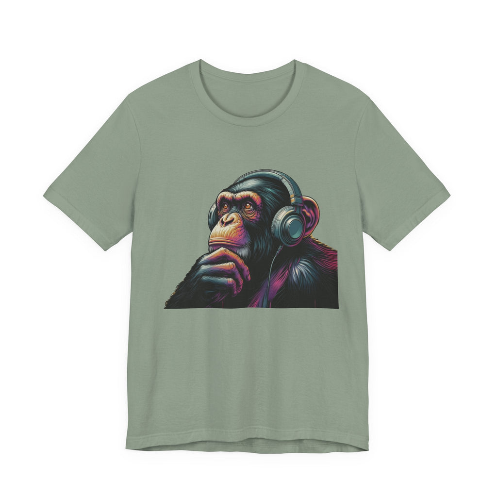 Colorful chimpanzee wearing headphones graphic tee by PopCultureByDesign36