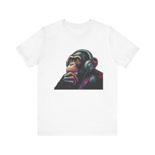 Colorful chimpanzee wearing headphones graphic tee by PopCultureByDesign36