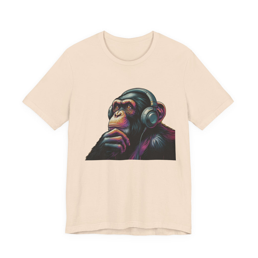 Colorful chimpanzee wearing headphones graphic tee by PopCultureByDesign36
