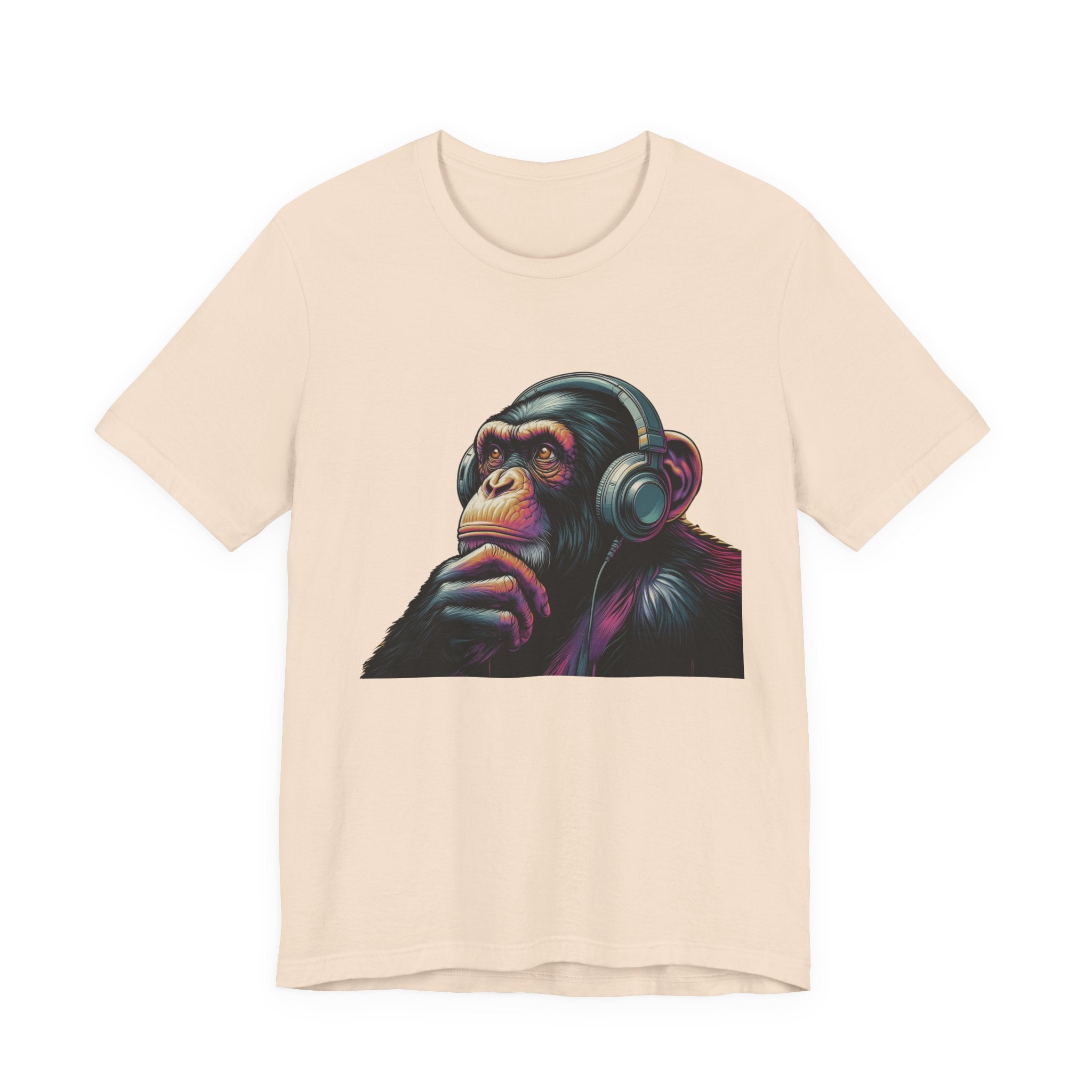 Colorful chimpanzee wearing headphones graphic tee by PopCultureByDesign36