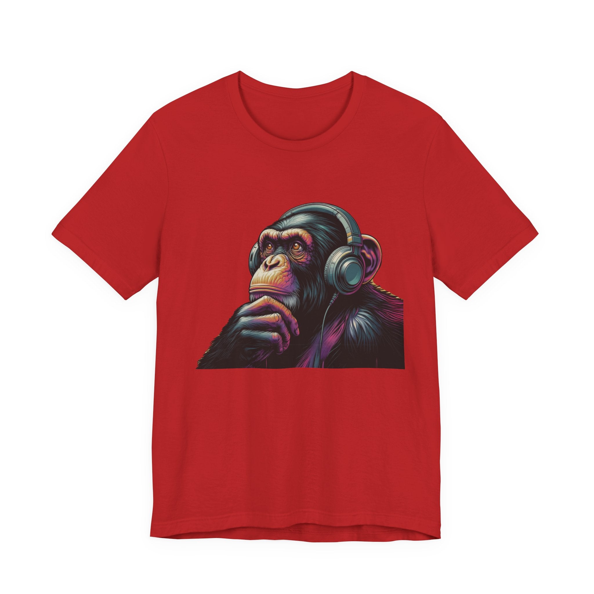 Colorful chimpanzee wearing headphones graphic tee by PopCultureByDesign36