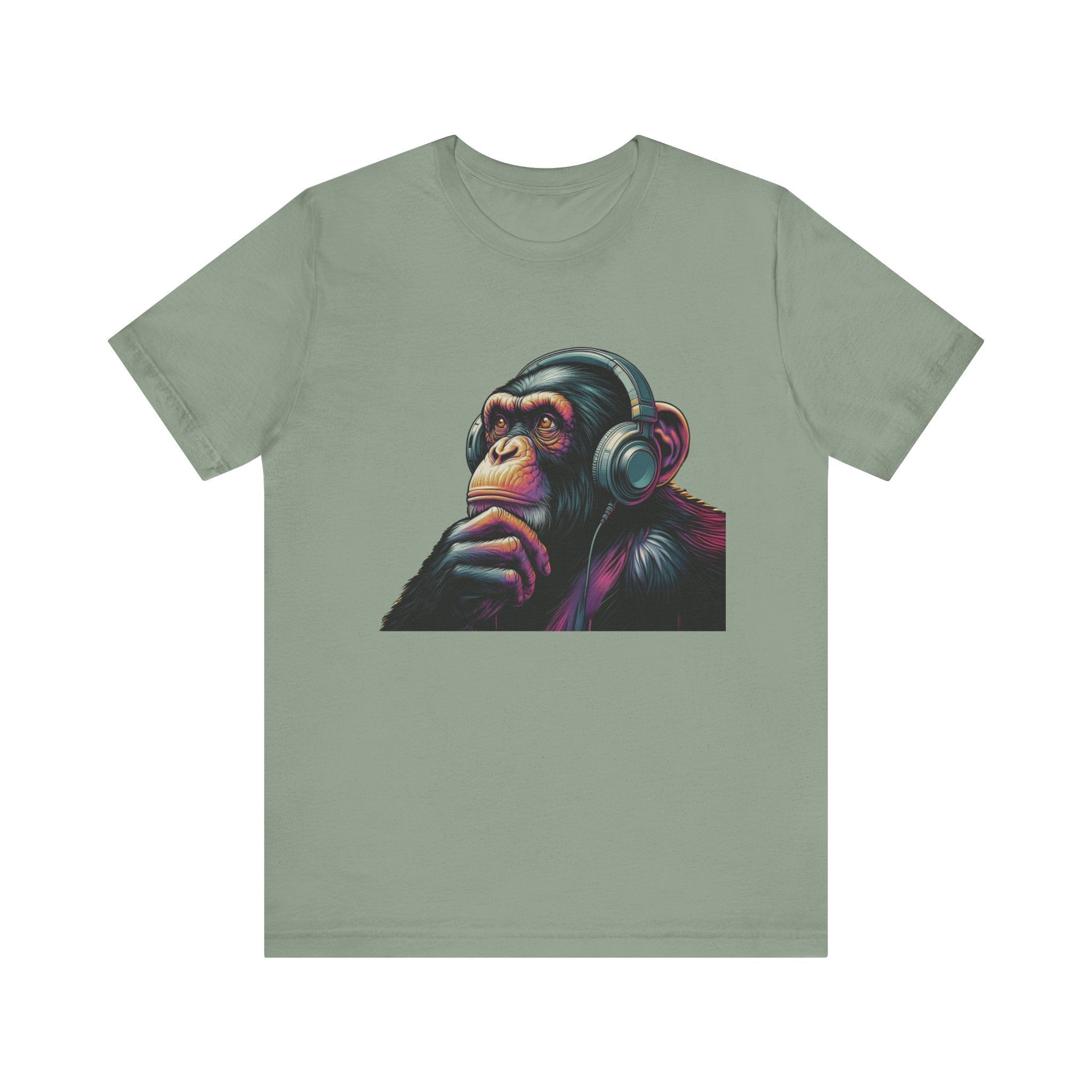 Colorful chimpanzee wearing headphones graphic tee by PopCultureByDesign36