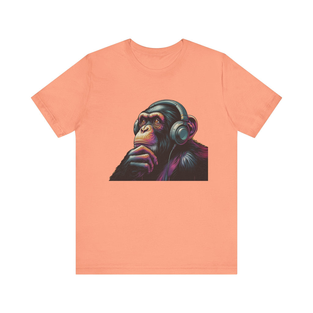 Colorful chimpanzee wearing headphones graphic tee by PopCultureByDesign36
