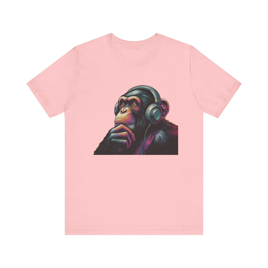 Colorful chimpanzee wearing headphones graphic tee by PopCultureByDesign36
