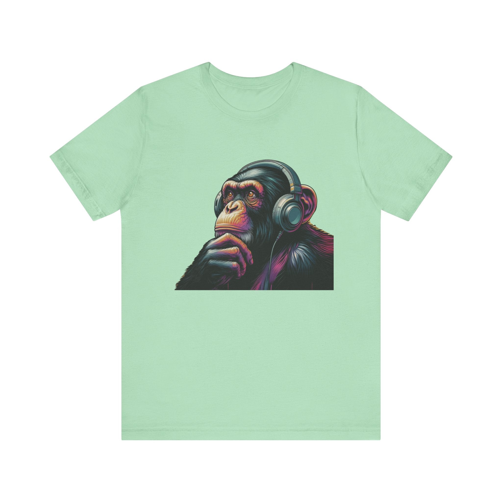 Colorful chimpanzee wearing headphones graphic tee by PopCultureByDesign36