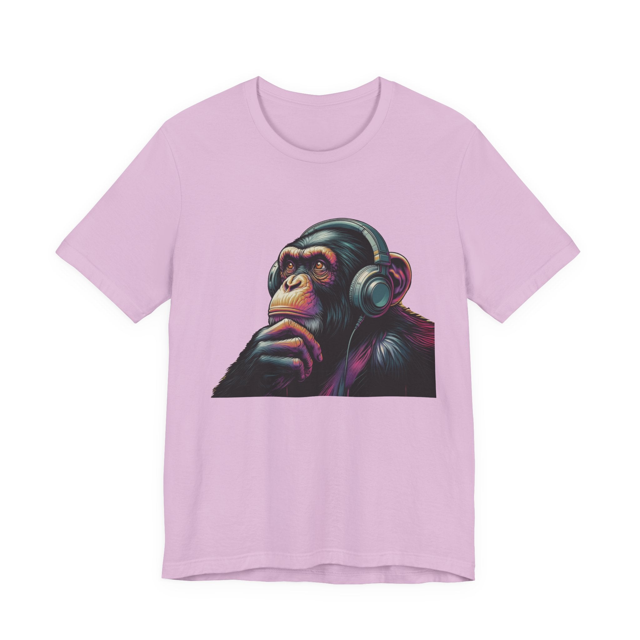 Colorful chimpanzee wearing headphones graphic tee by PopCultureByDesign36