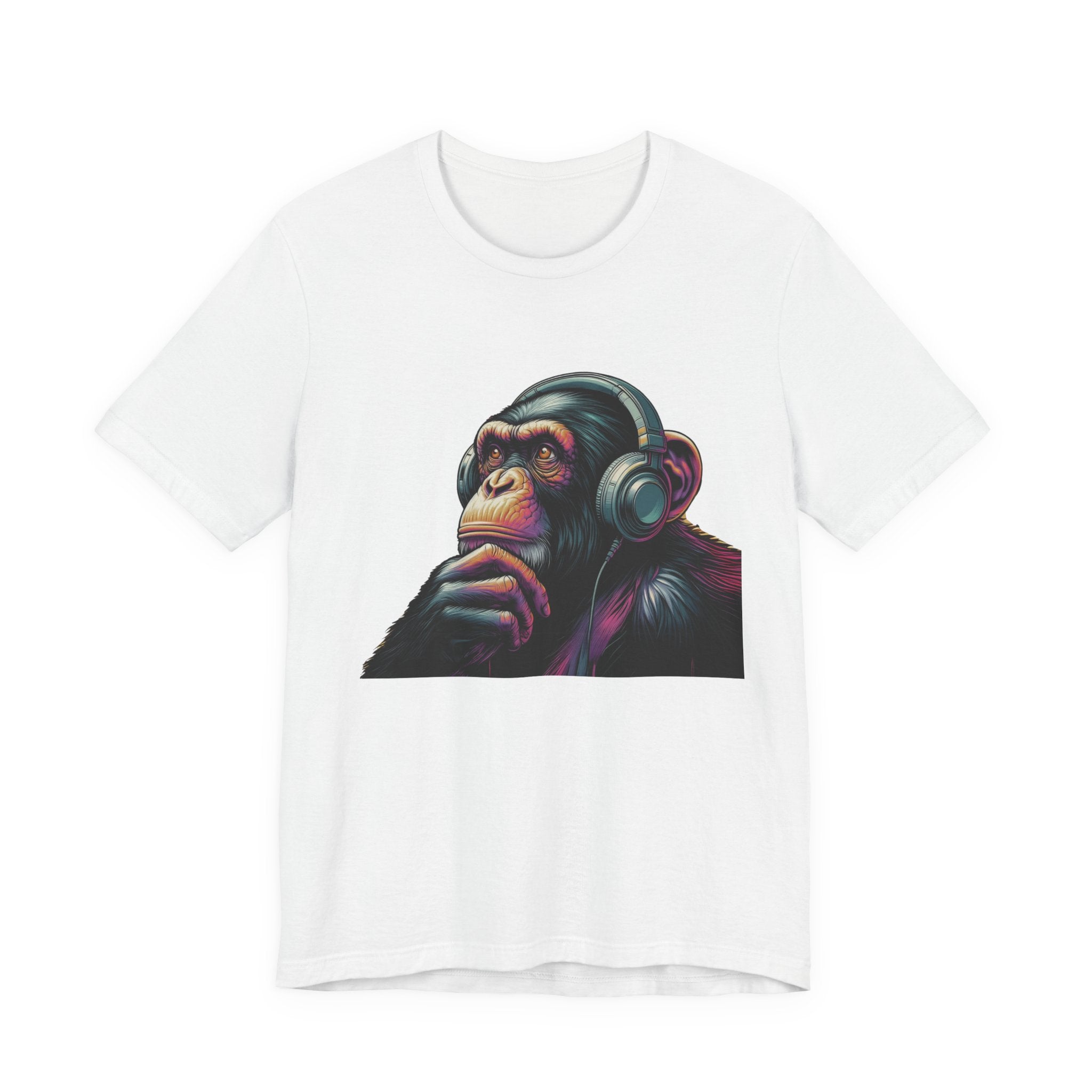 Colorful chimpanzee wearing headphones graphic tee by PopCultureByDesign36
