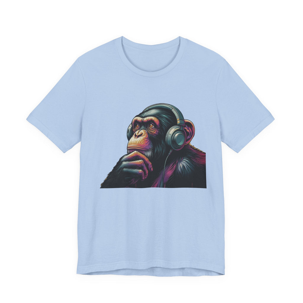 Colorful chimpanzee wearing headphones graphic tee by PopCultureByDesign36