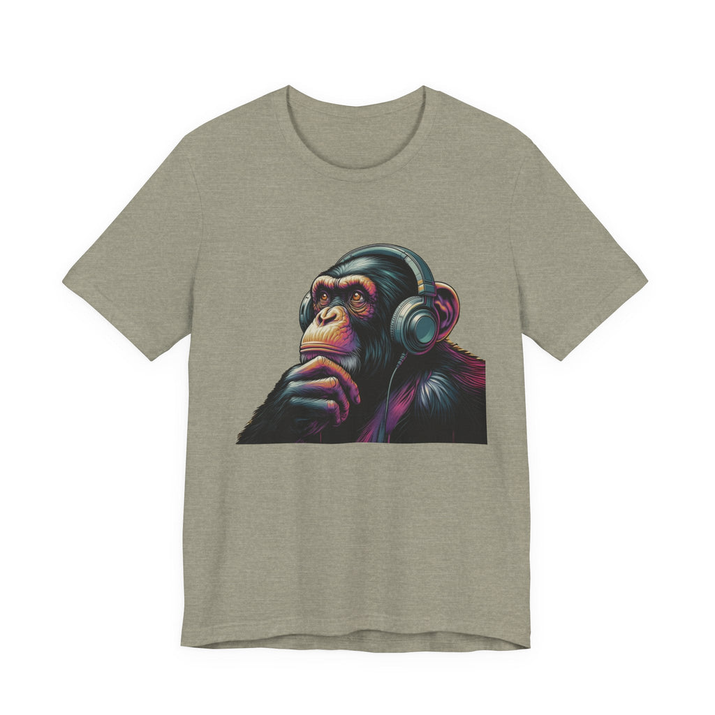 Colorful chimpanzee wearing headphones graphic tee by PopCultureByDesign36