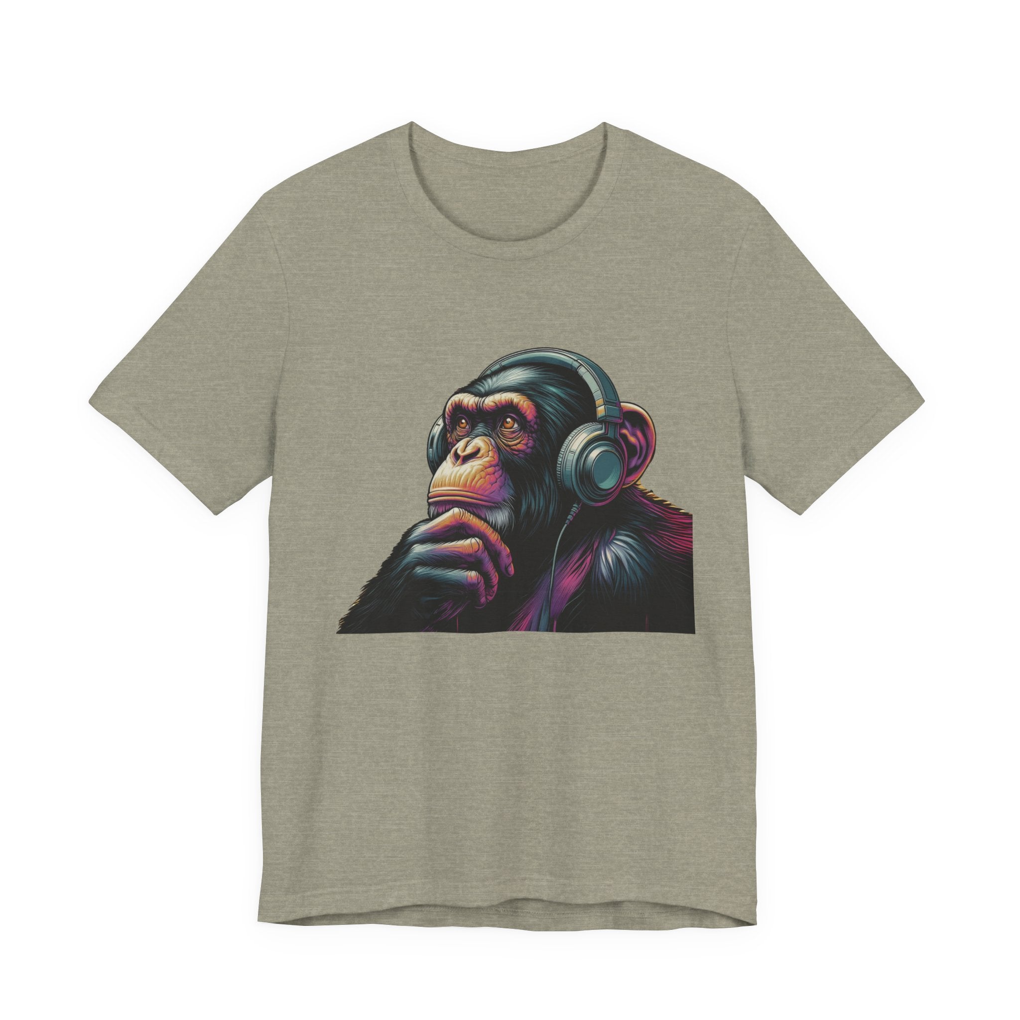 Colorful chimpanzee wearing headphones graphic tee by PopCultureByDesign36