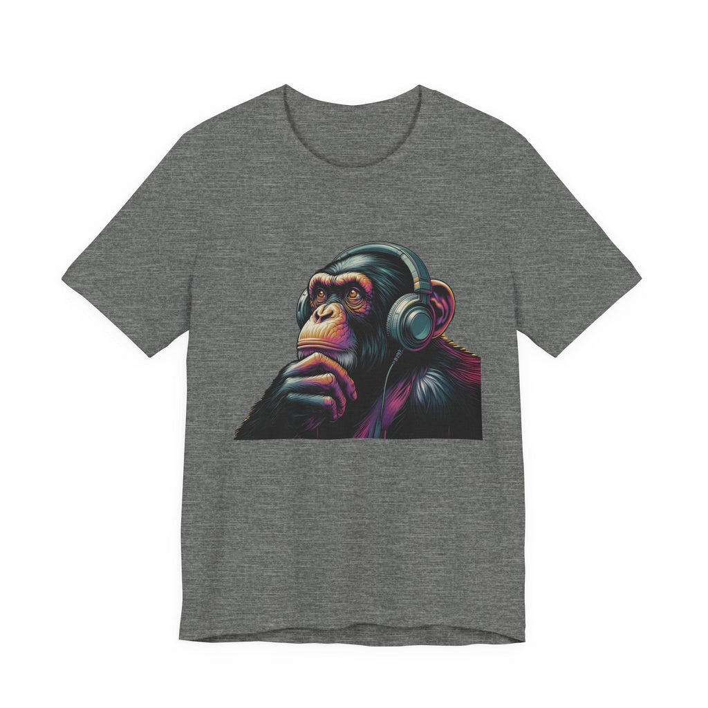 Colorful chimpanzee wearing headphones graphic tee by PopCultureByDesign36