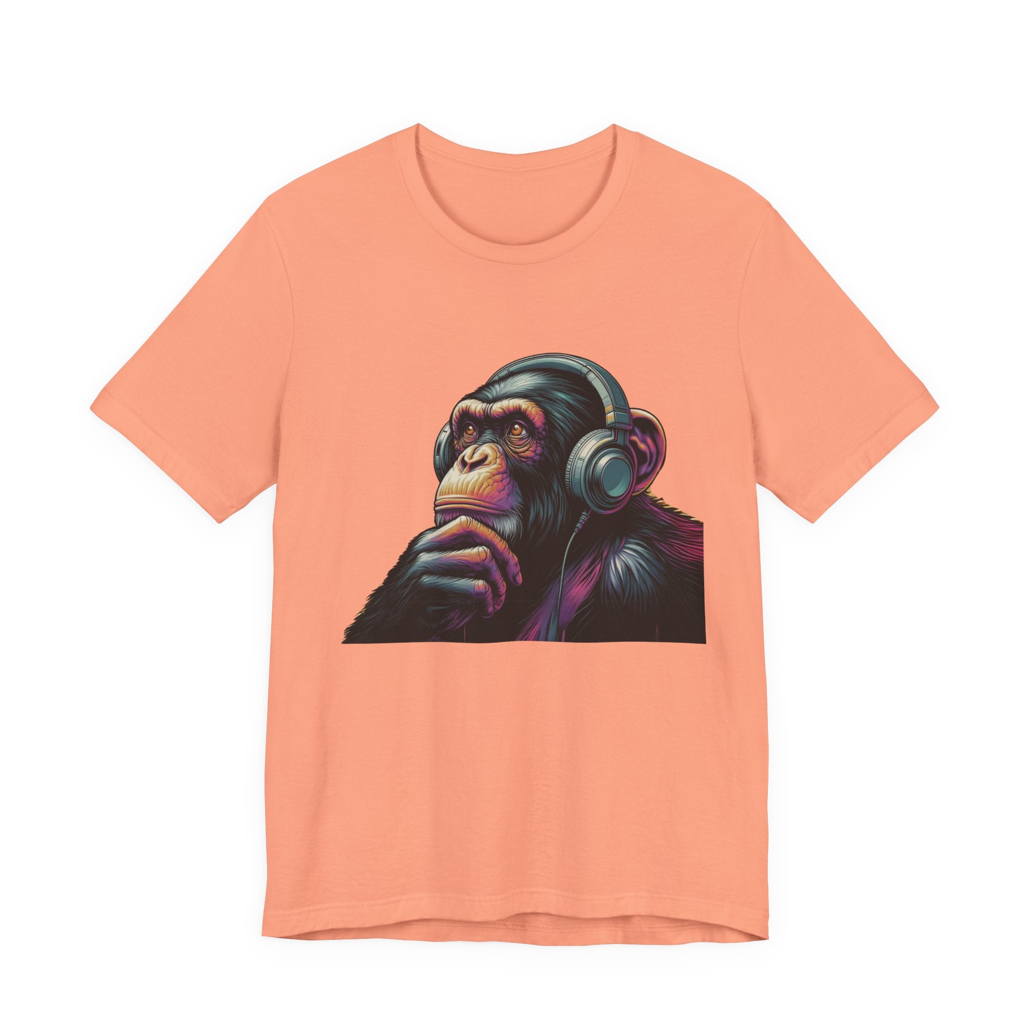 Colorful chimpanzee wearing headphones graphic tee by PopCultureByDesign36